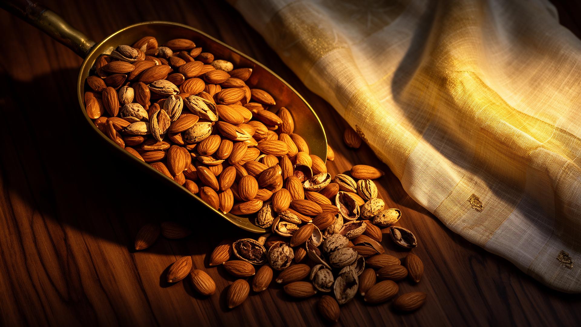 Premium Afghan Gurbandi almonds spilling from a brass scoop